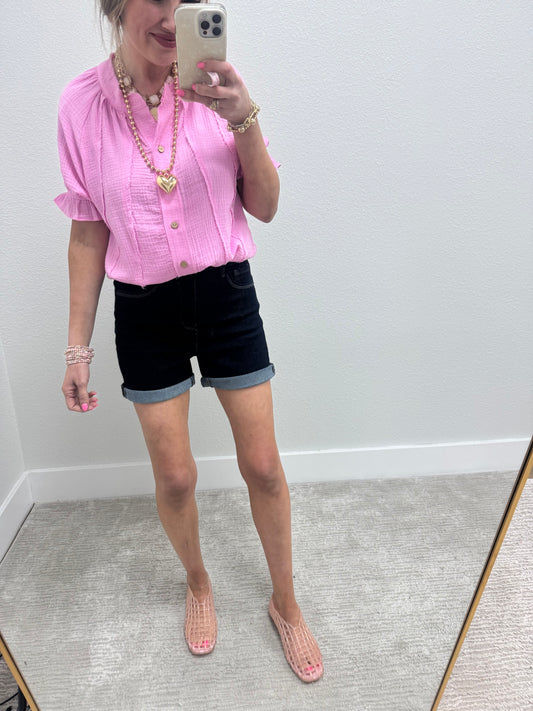 Pink Gauze Button Pleated Top