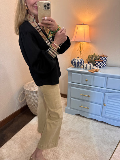 Black Scuba Plaid Detail Front Top