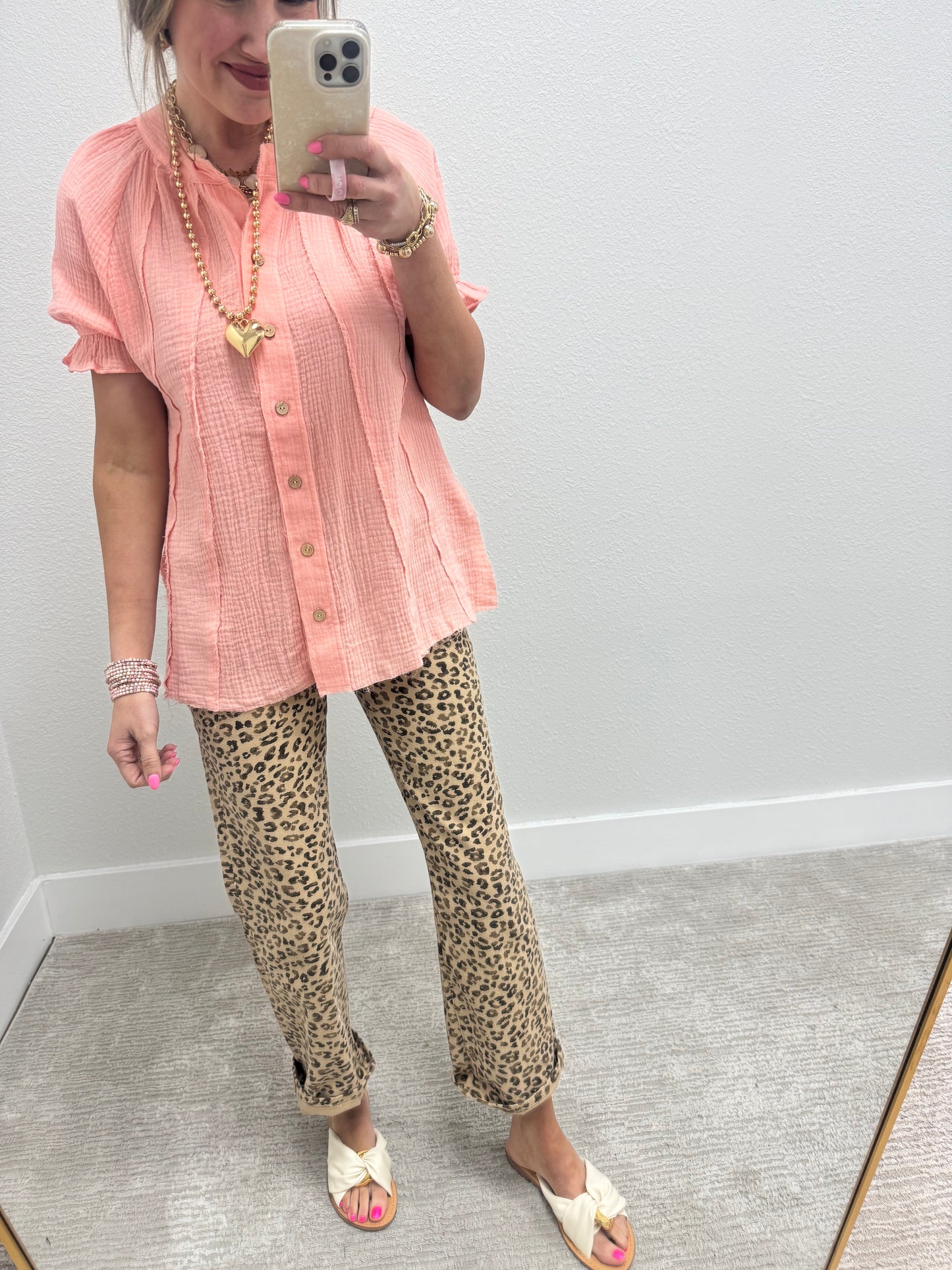 Coral Gauze Button Pleated Top