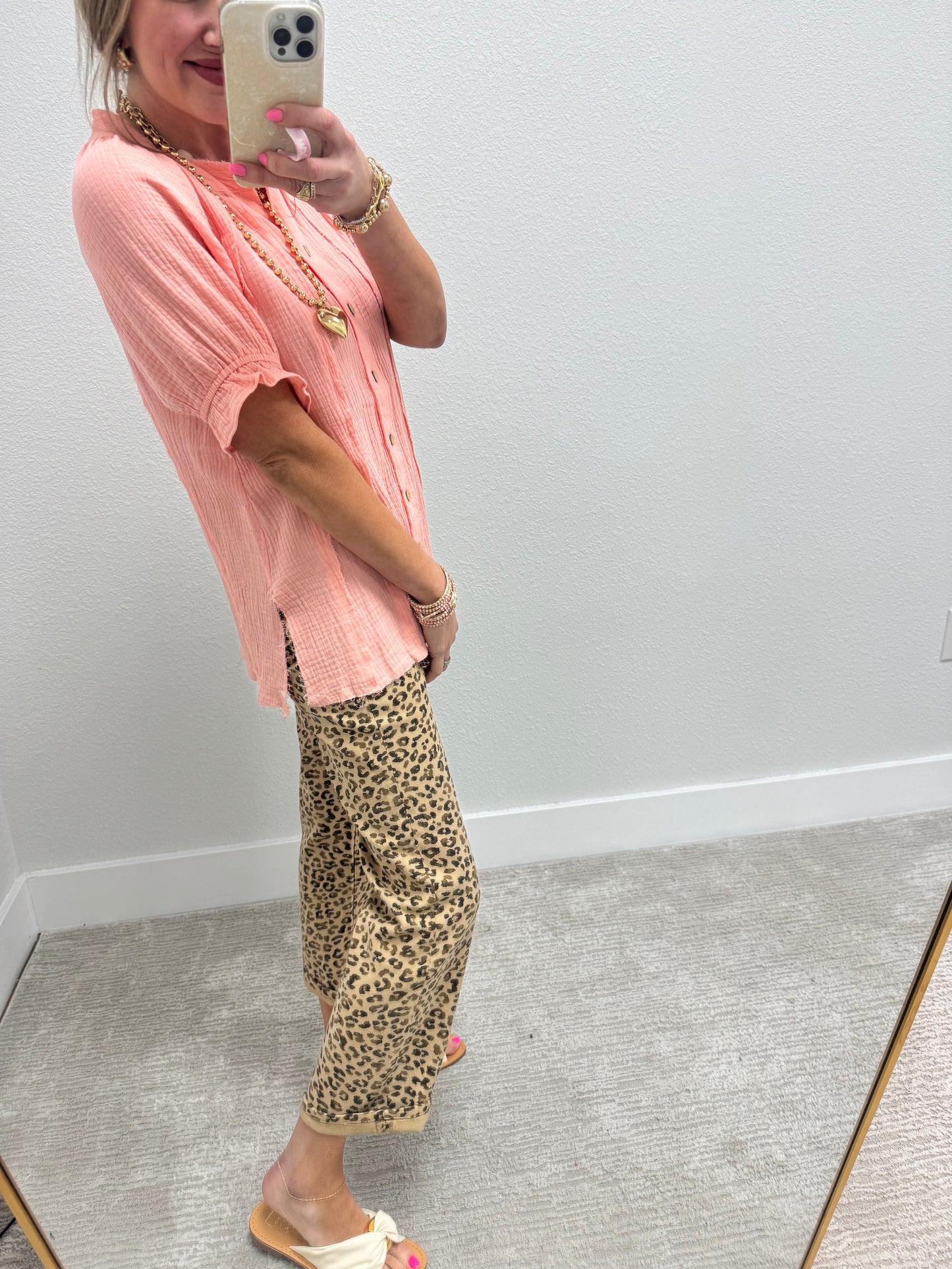 Coral Gauze Button Pleated Top