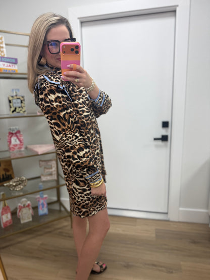 Periwinkle Animal Print Detailed Ruffle Sleeve Dress