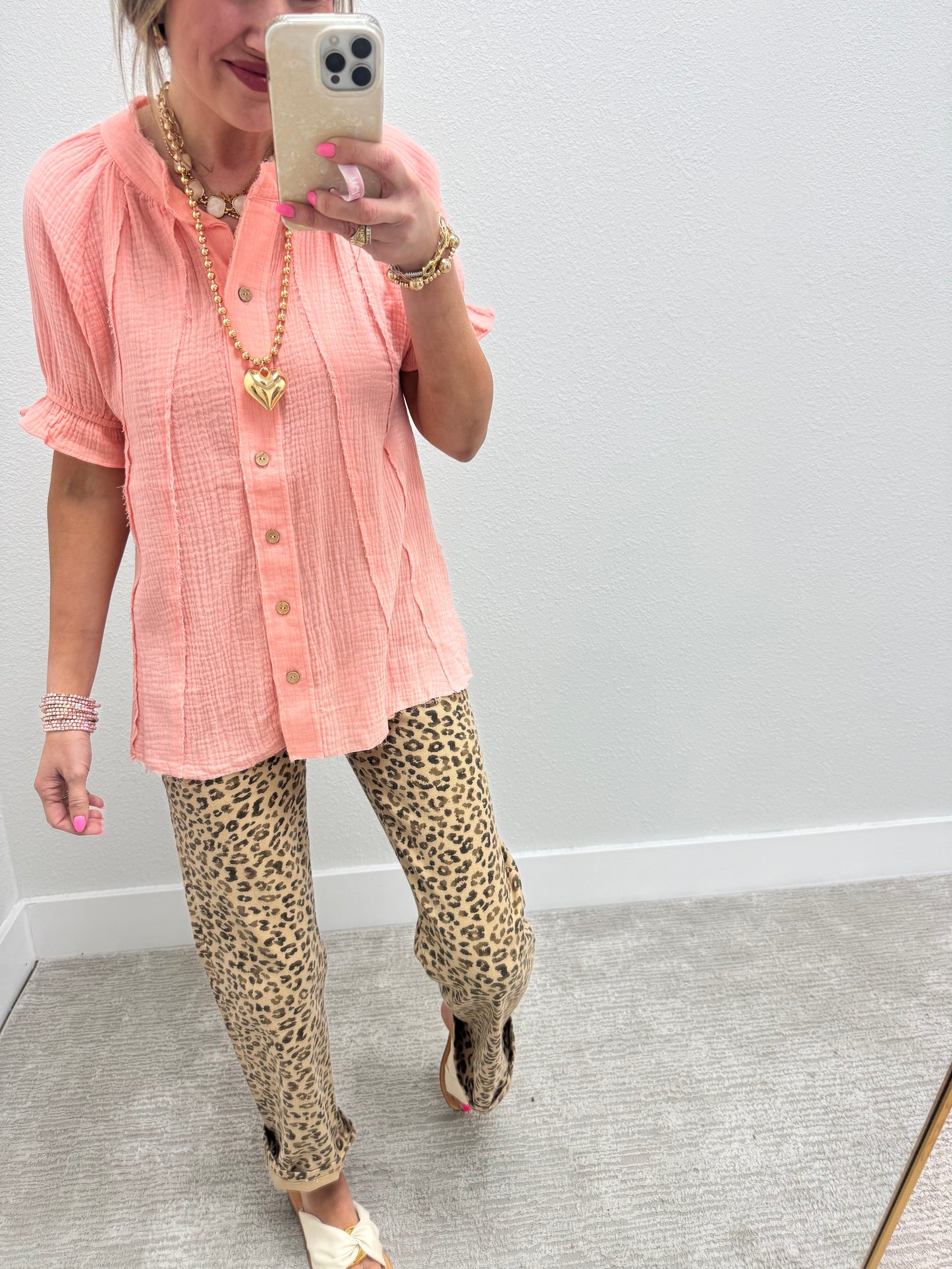 Coral Gauze Button Pleated Top