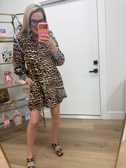 Periwinkle Animal Print Detailed Ruffle Sleeve Dress