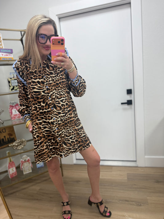 Periwinkle Animal Print Detailed Ruffle Sleeve Dress