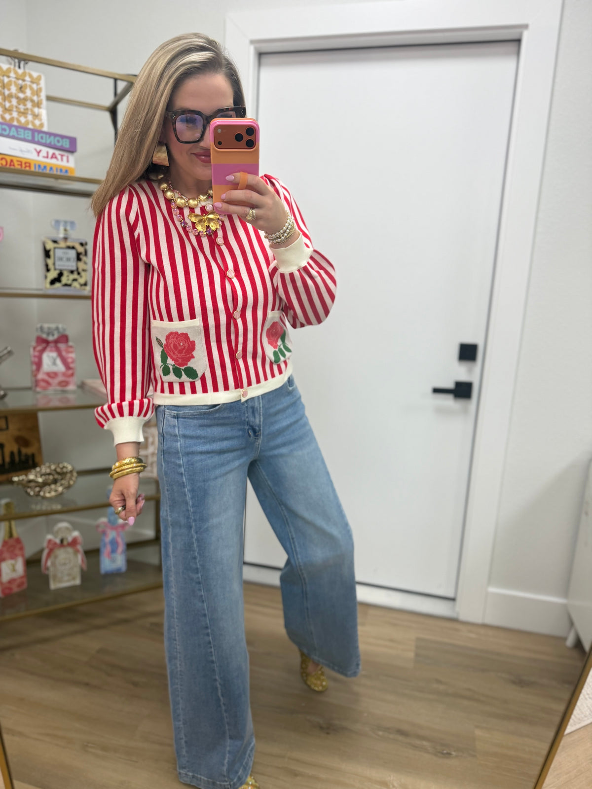 Red Stripe Floral Pocket Cardigan
