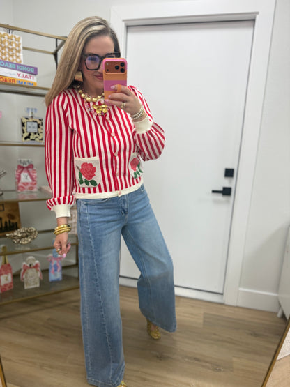 Red Stripe Floral Pocket Cardigan