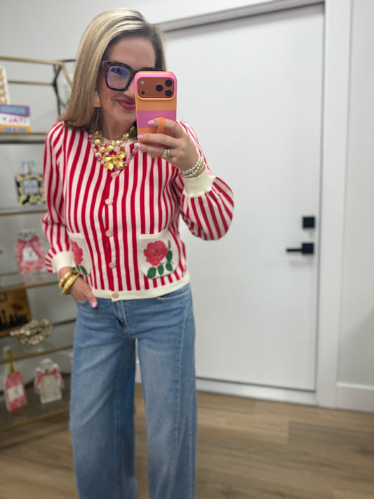 Red Stripe Floral Pocket Cardigan