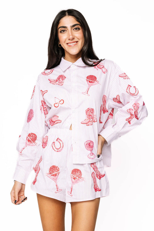 Queen of Sparkles Striped Pink Disco Cowgirl Icon Collared Top