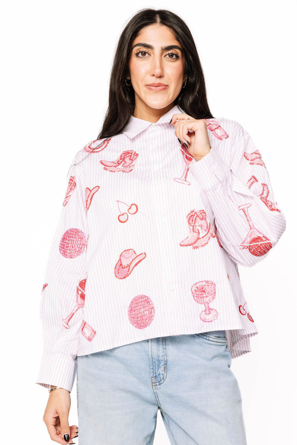 Queen of Sparkles Striped Pink Disco Cowgirl Icon Collared Top