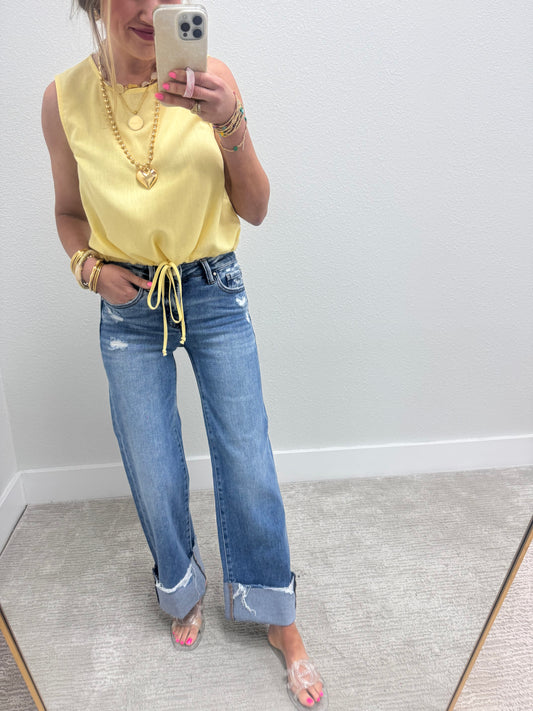 Creamy Yellow Tie Front Sleeveless Top