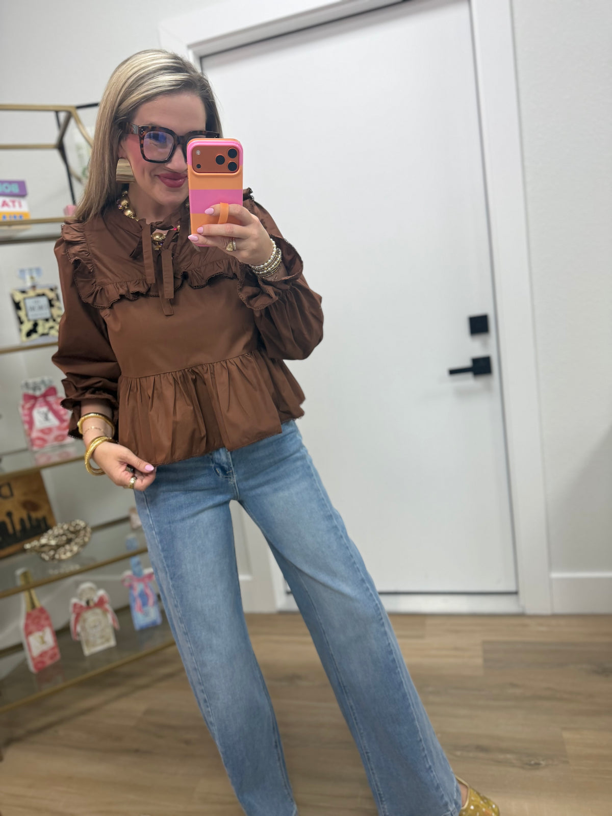 Chocolate Brown Ruffle Front Tie Top