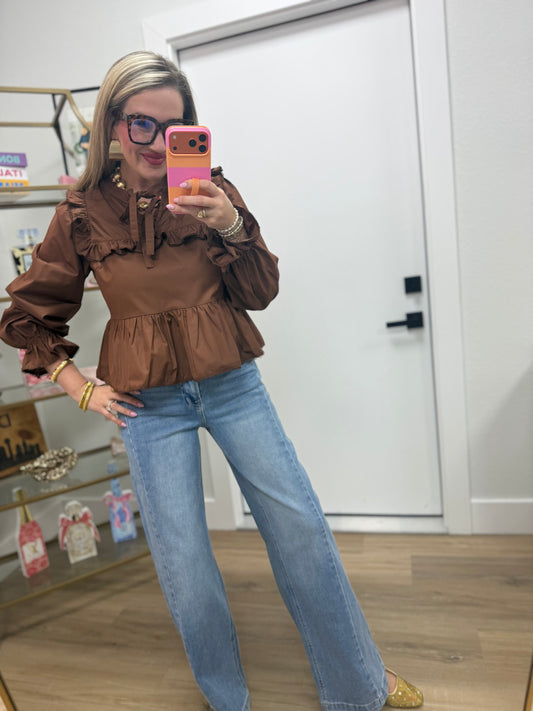 Chocolate Brown Ruffle Front Tie Top