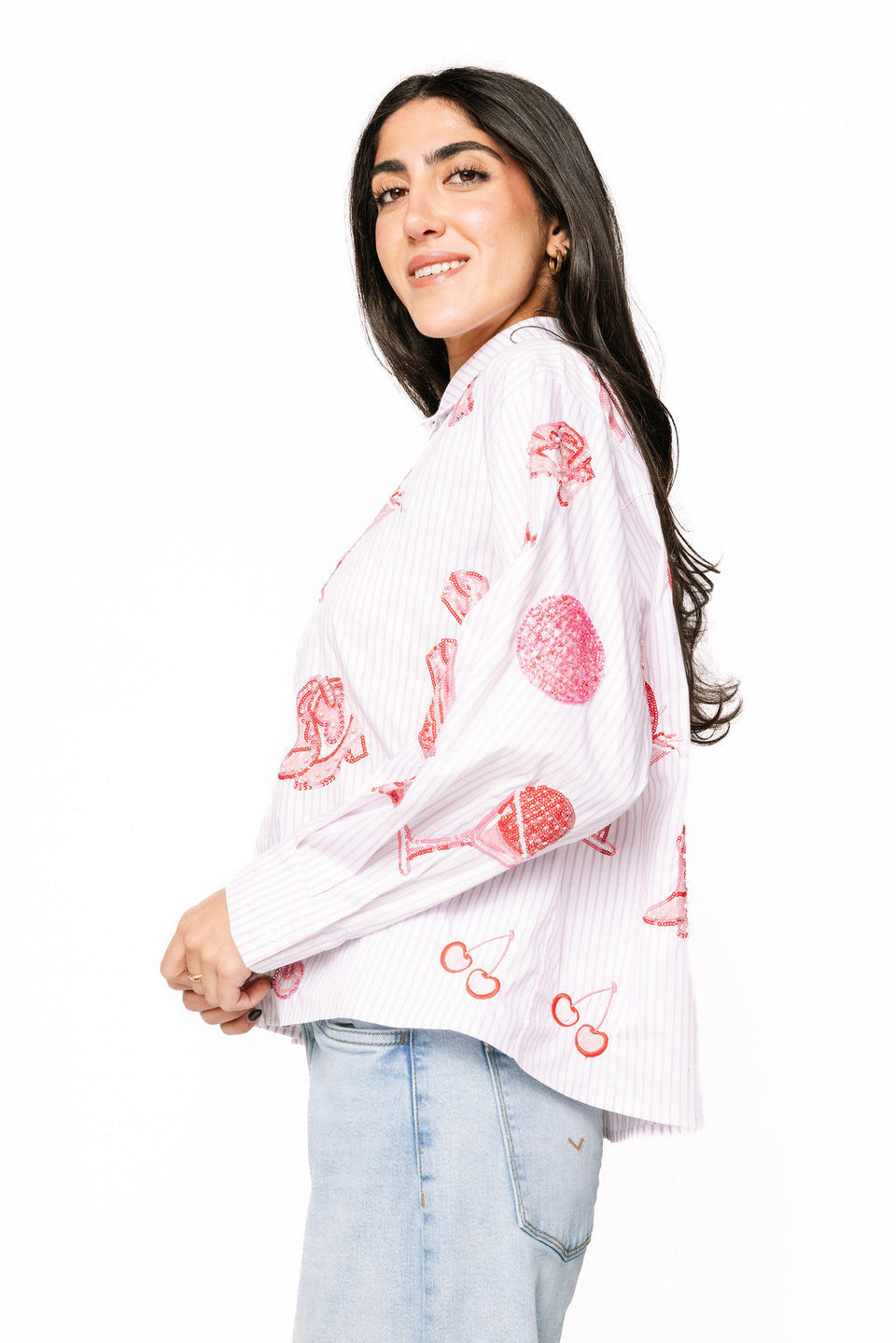 Queen of Sparkles Striped Pink Disco Cowgirl Icon Collared Top