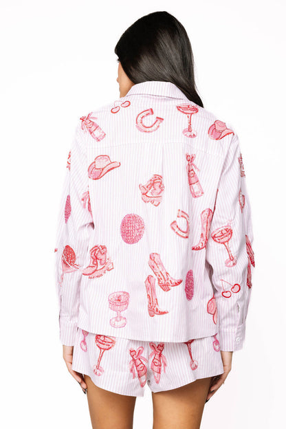 Queen of Sparkles Striped Pink Disco Cowgirl Icon Collared Top