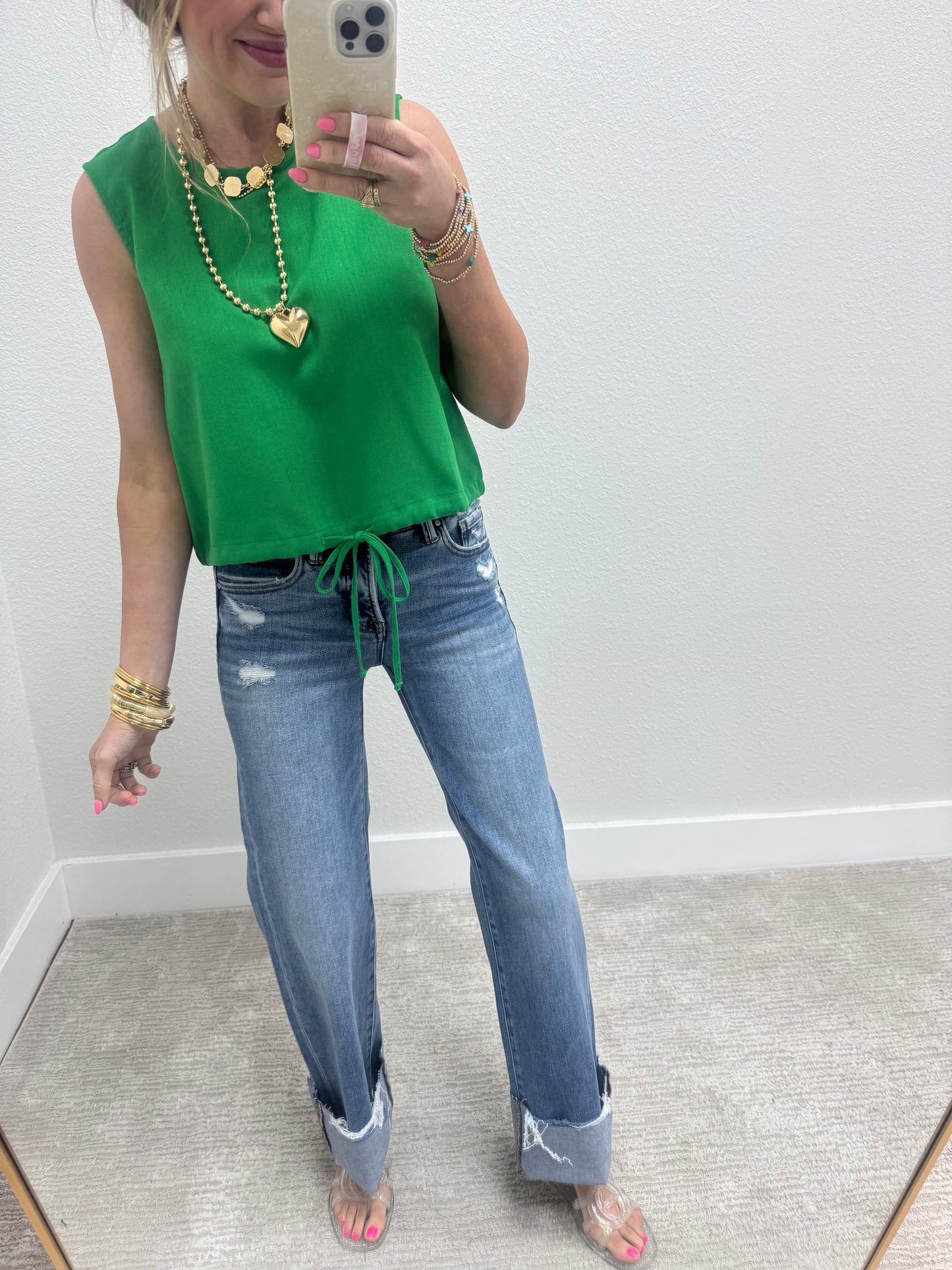 Kelly Green Tie Front Sleeveless Top