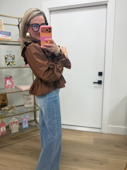Chocolate Brown Ruffle Front Tie Top