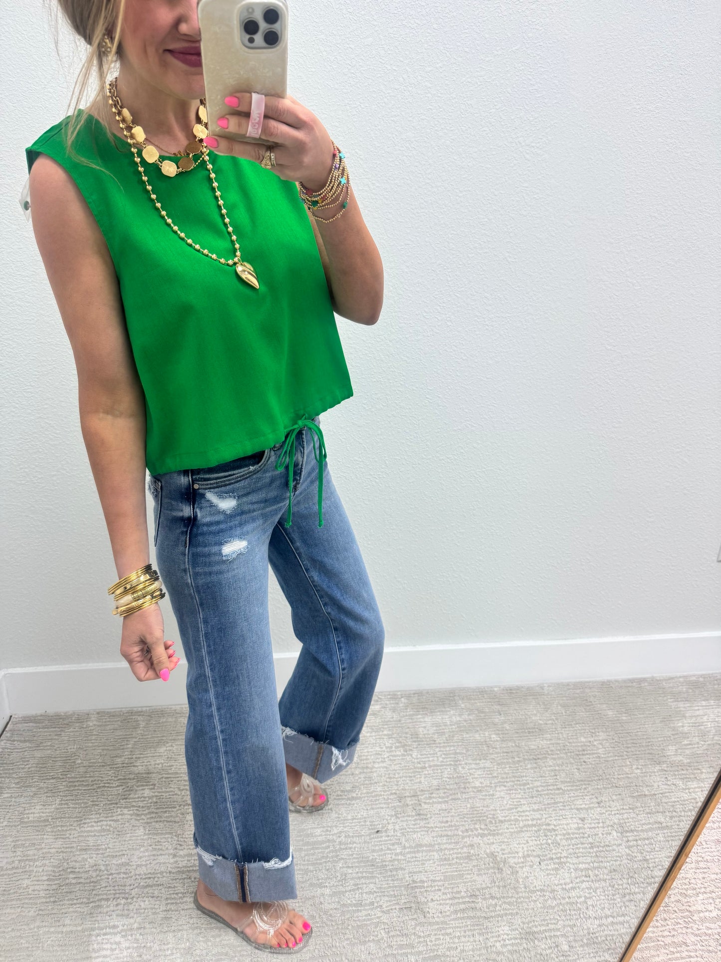Kelly Green Tie Front Sleeveless Top