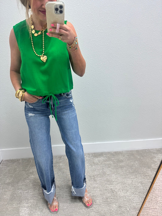 Kelly Green Tie Front Sleeveless Top