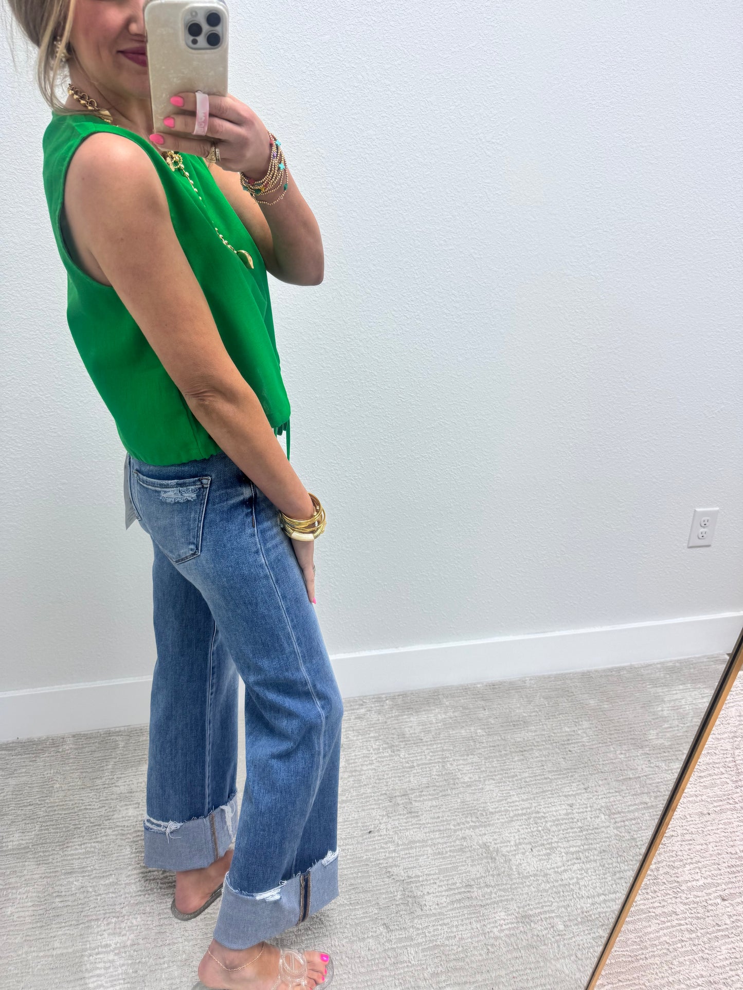 Kelly Green Tie Front Sleeveless Top