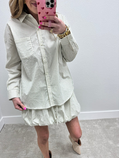 Green and Cream Striped Bubble Skirt Two Piece Set