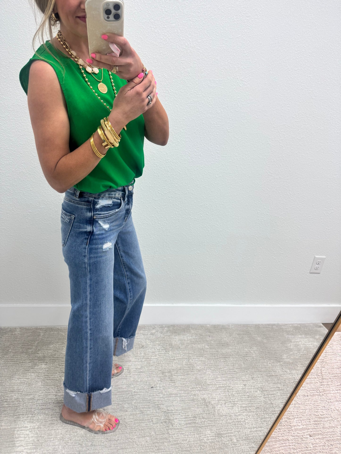 Kelly Green Tie Front Sleeveless Top