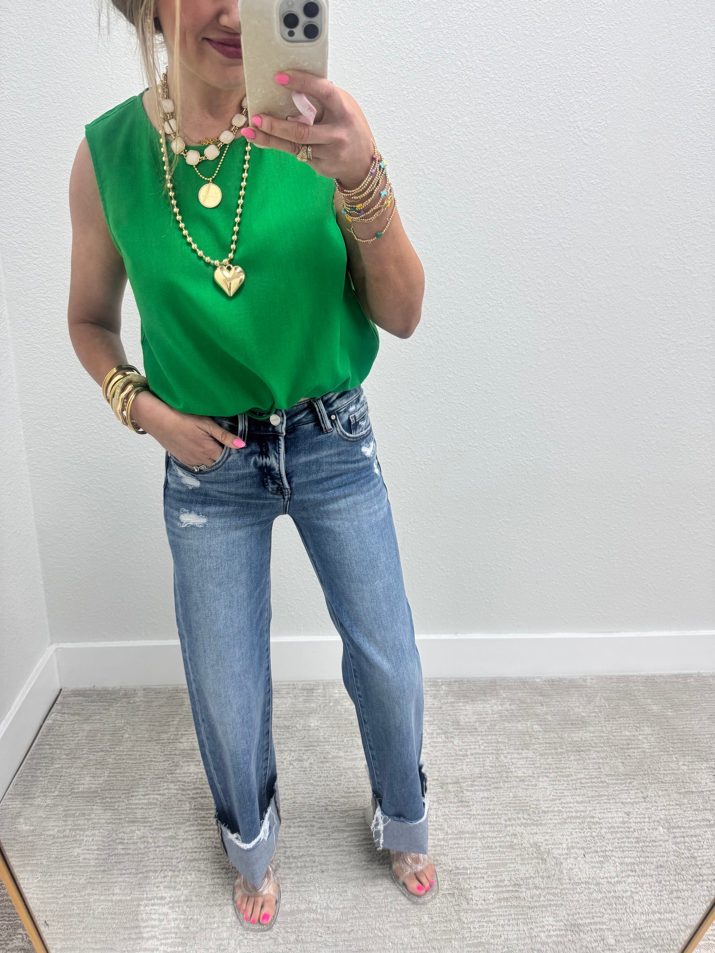 Kelly Green Tie Front Sleeveless Top
