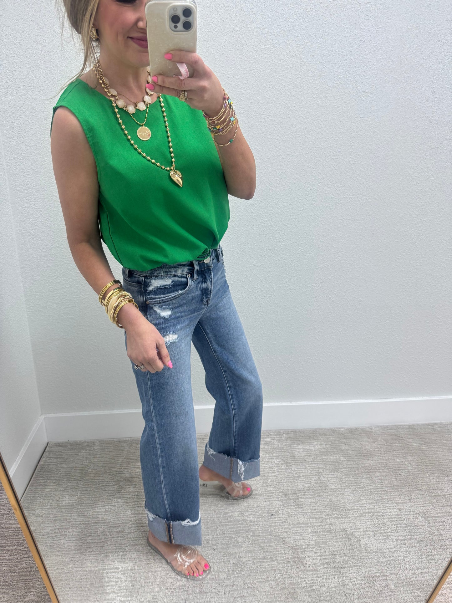 Kelly Green Tie Front Sleeveless Top