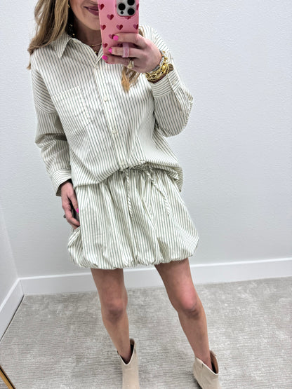 Green and Cream Striped Bubble Skirt Two Piece Set
