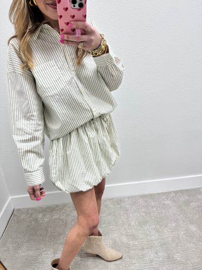 Green and Cream Striped Bubble Skirt Two Piece Set