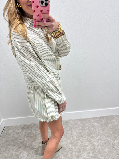 Green and Cream Striped Bubble Skirt Two Piece Set