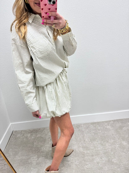 Green and Cream Striped Bubble Skirt Two Piece Set