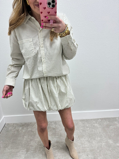 Green and Cream Striped Bubble Skirt Two Piece Set