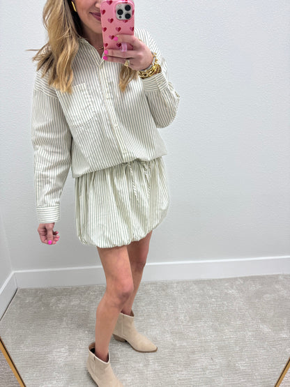 Green and Cream Striped Bubble Skirt Two Piece Set