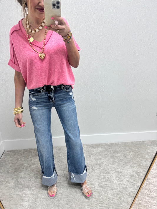 Risen Mid Rise Tummy Control Wide Leg Jeans