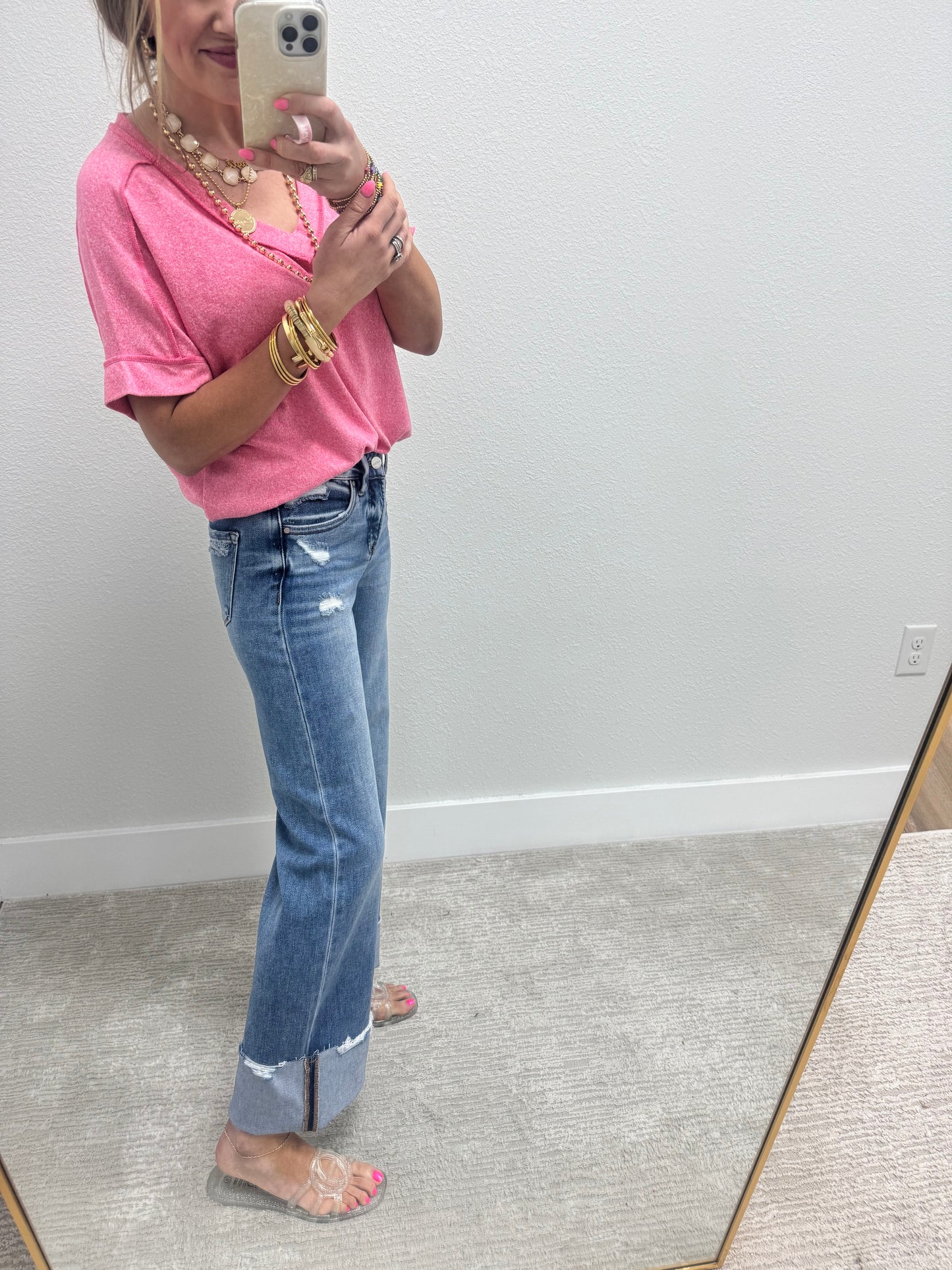 Risen Mid Rise Tummy Control Wide Leg Jeans