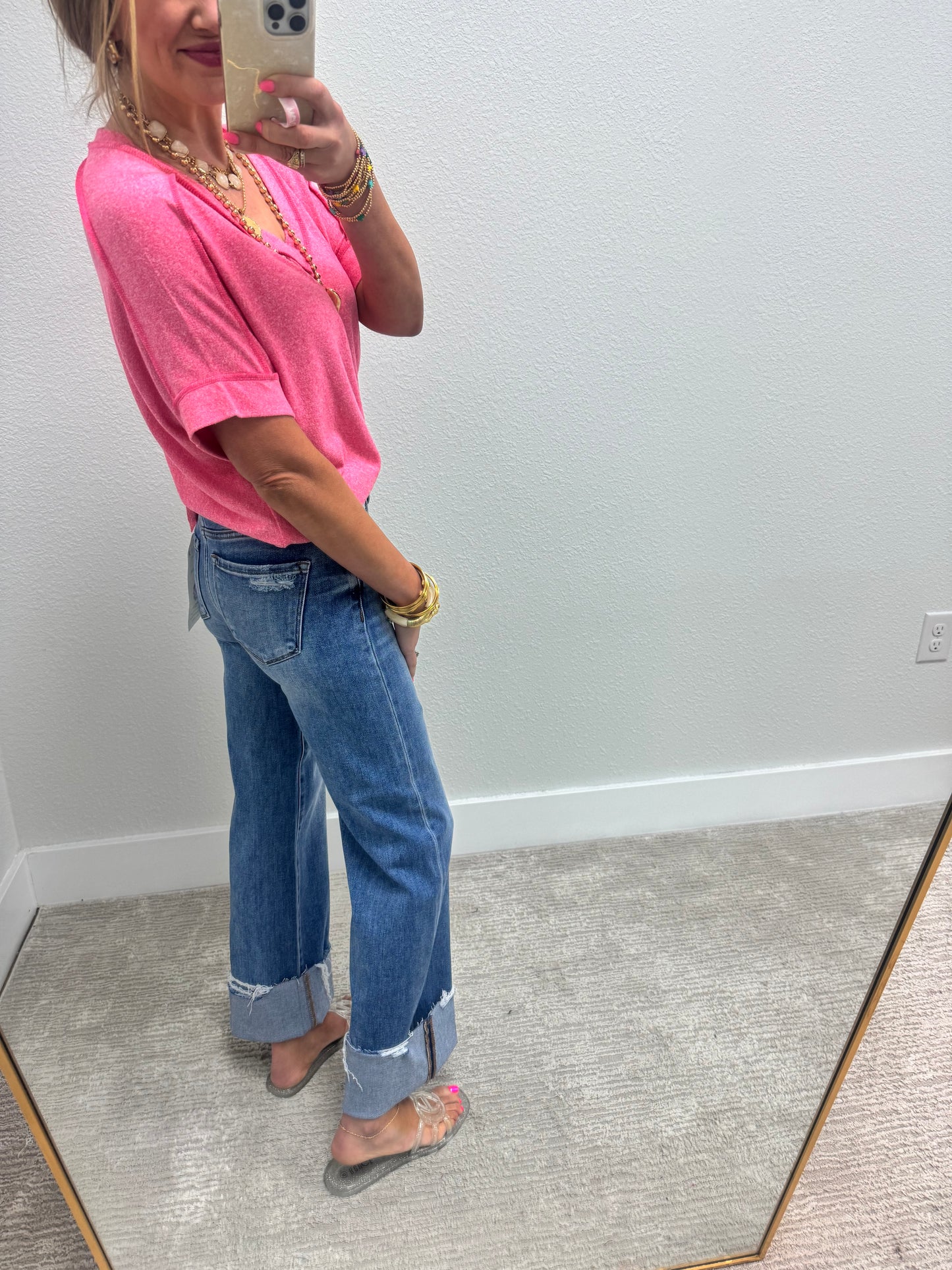 Risen Mid Rise Tummy Control Wide Leg Jeans