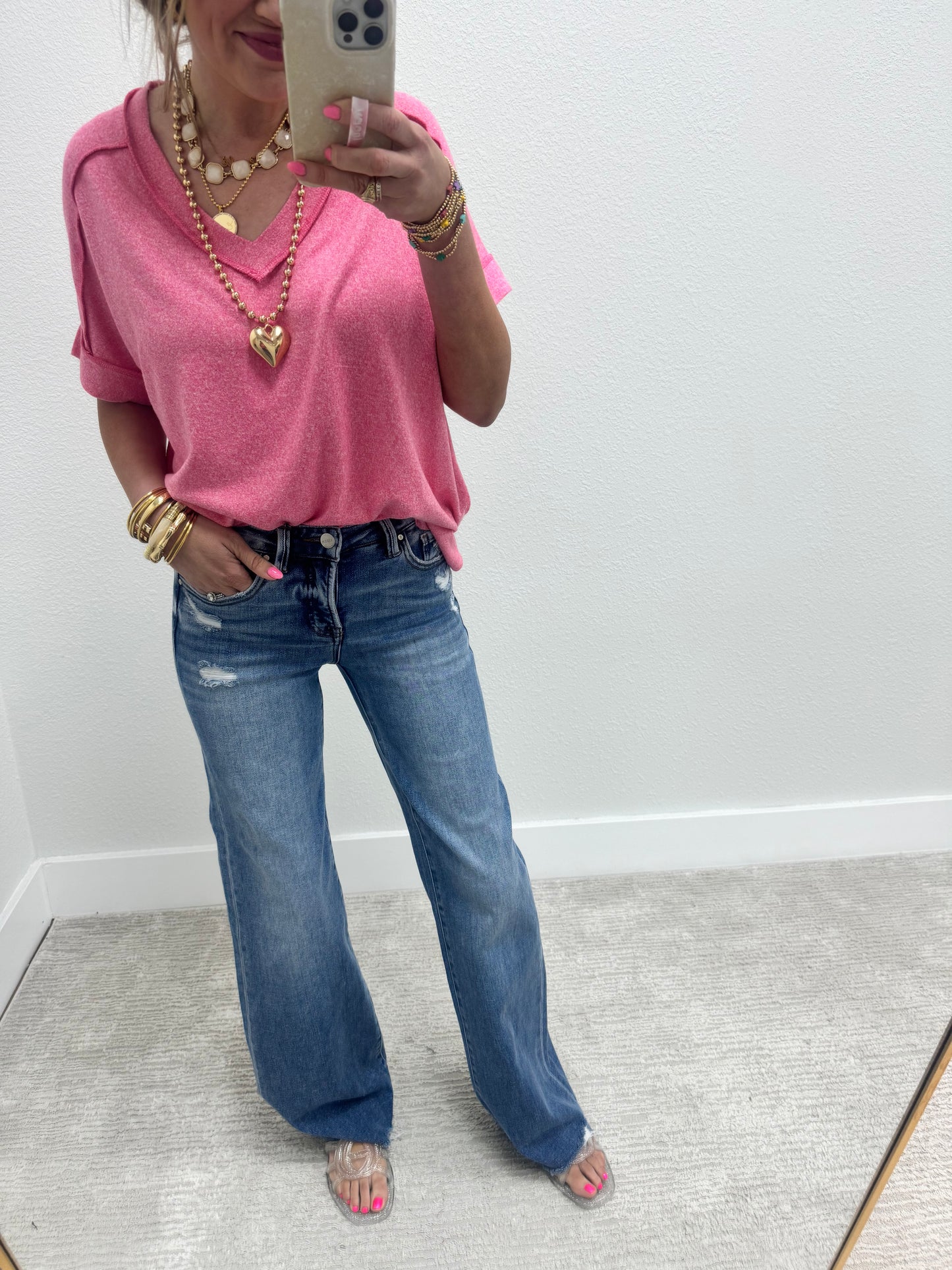 Risen Mid Rise Tummy Control Wide Leg Jeans