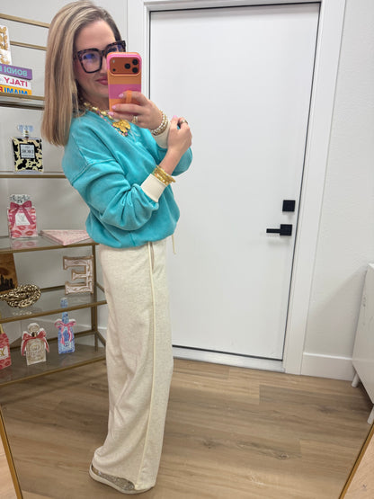Turquoise Fleece Acid Washed Crew Neck Long Sleeve Sweatshirts