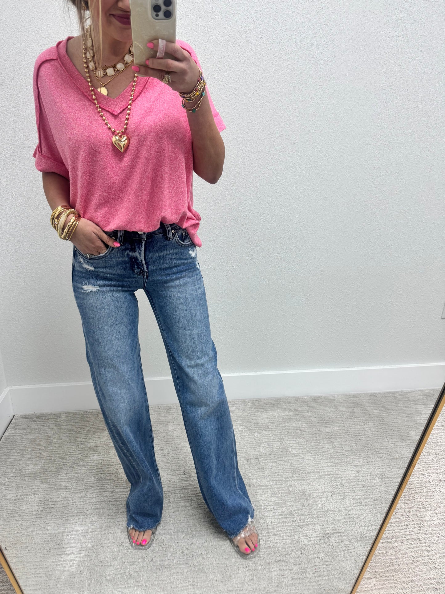 Risen Mid Rise Tummy Control Wide Leg Jeans