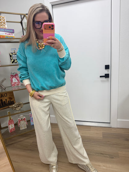 Turquoise Fleece Acid Washed Crew Neck Long Sleeve Sweatshirts