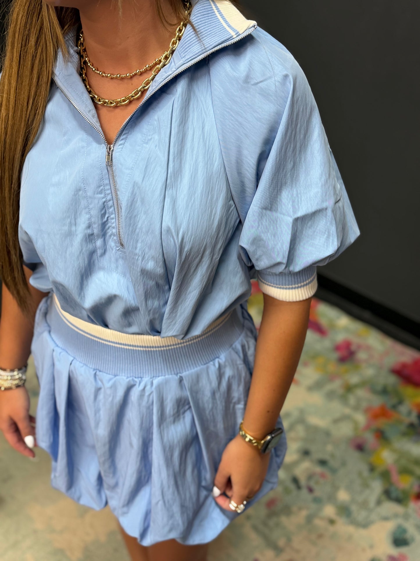 Light Blue Rib Band Bubble Skort Set