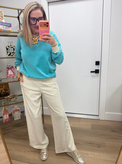 Turquoise Fleece Acid Washed Crew Neck Long Sleeve Sweatshirts