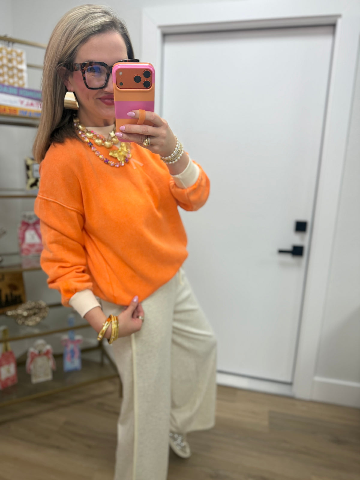 Orange Fleece Acid Washed Crew Neck Long Sleeve Sweatshirts