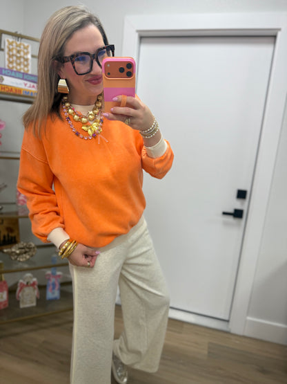 Orange Fleece Acid Washed Crew Neck Long Sleeve Sweatshirts