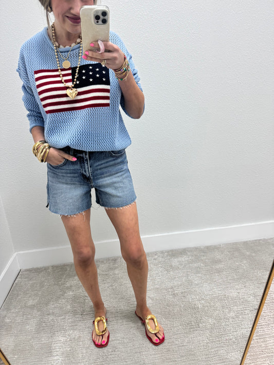 Light Blue Knit Flag Sweater Top