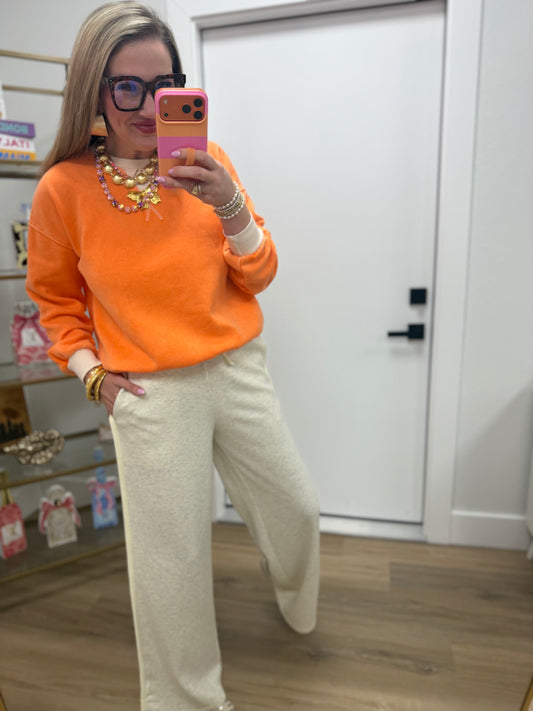 Orange Fleece Acid Washed Crew Neck Long Sleeve Sweatshirts