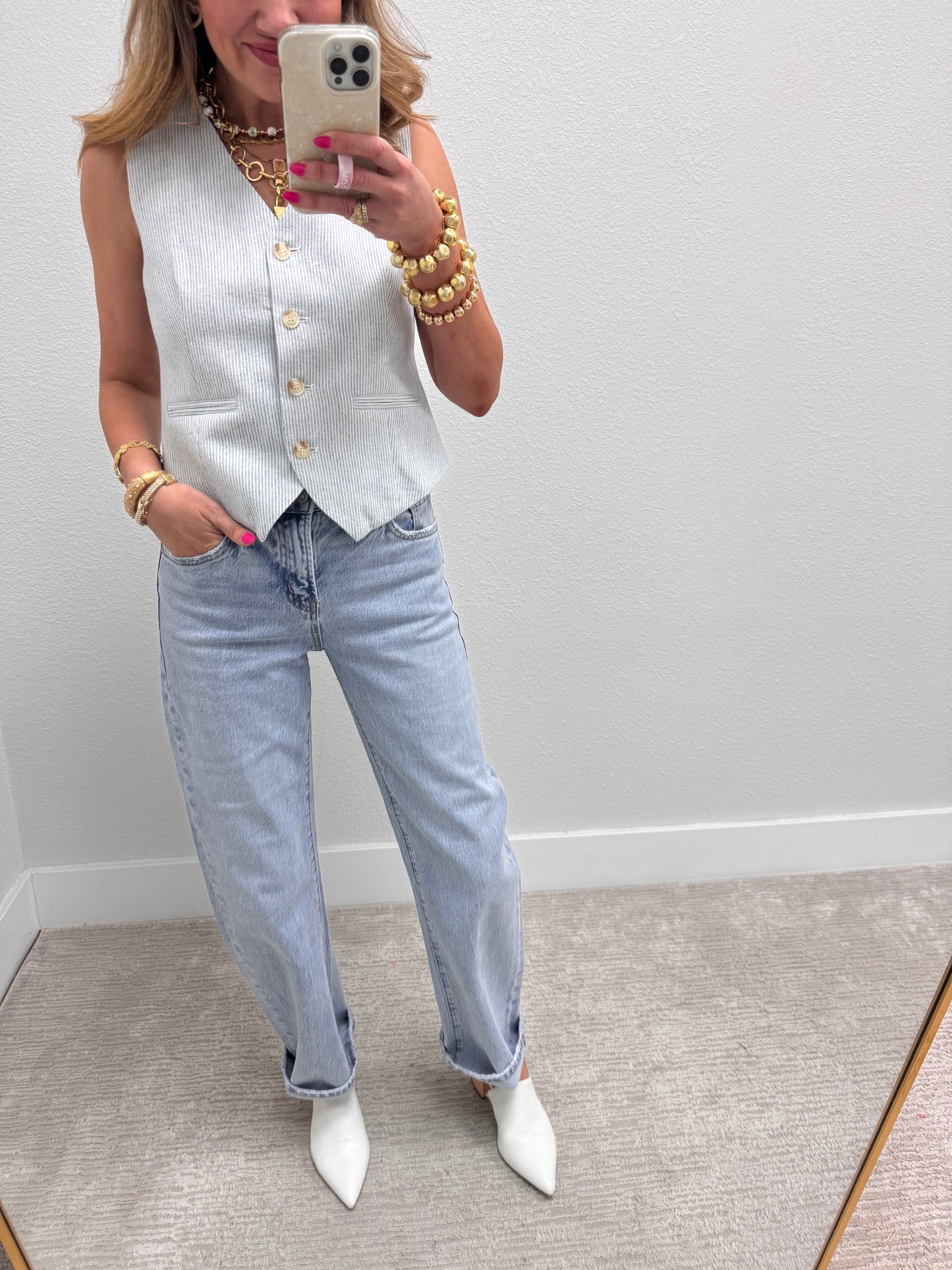 Light Blue PinStripe 4 Button Vest