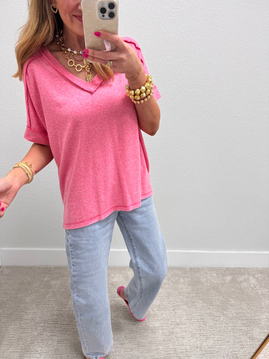 Pink Melange Hacci V-Neck Hi-Low Tee