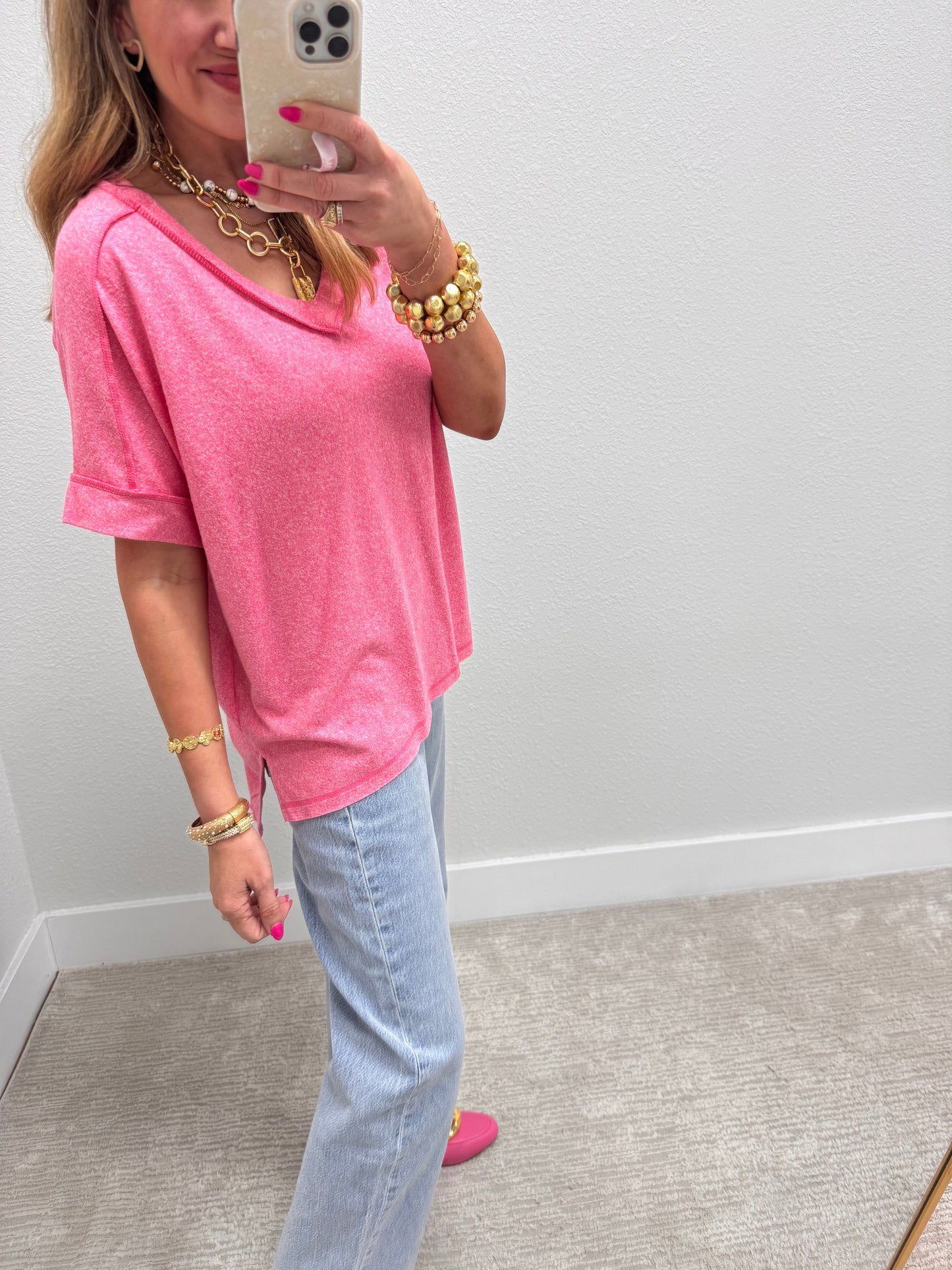 Pink Melange Hacci V-Neck Hi-Low Tee