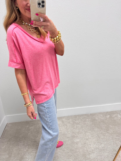 Pink Melange Hacci V-Neck Hi-Low Tee FS